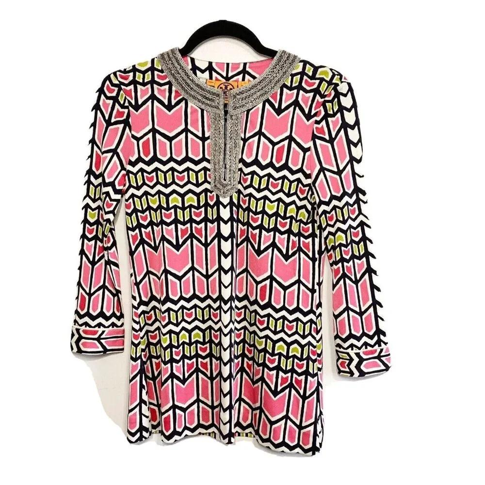 Tory Burch Silk Beaded Sequin Tunic Top Women’s XS Embellished Resort Preppy